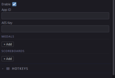 Game Settings Newgrounds section with App ID and medals list