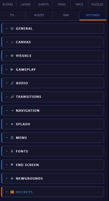 Game Settings Panel showing all collapsed section headers