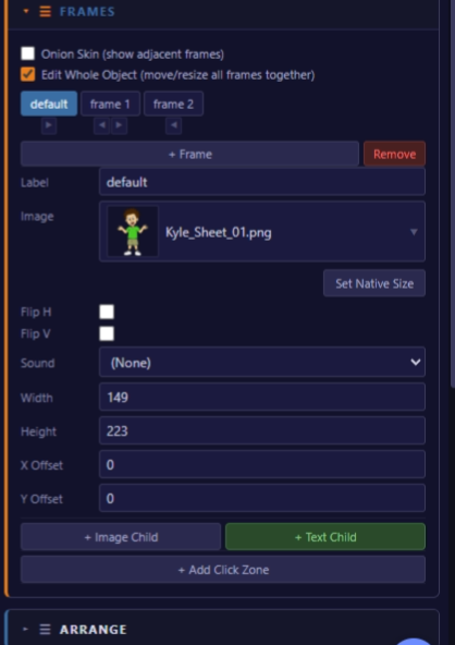 Frame Editor showing 4 animation frames for a fire sprite