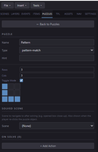 Pattern Match config with a 4x4 grid and L-shaped solution highlighted