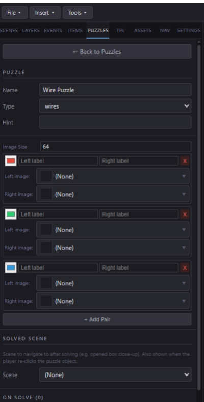 Wires puzzle config showing 3 color pair rows