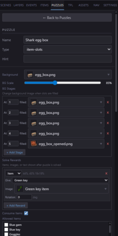 Item Slots config showing 3 slots with required item dropdowns