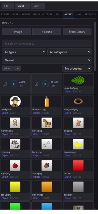 Asset Panel showing image grid filtered to Backgrounds category