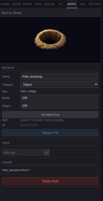 Asset detail view showing dimensions, file size, and usages