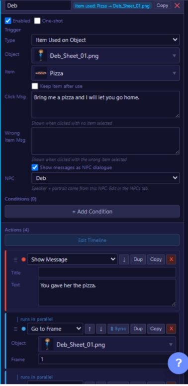 Show Dialogue action with Speaker Name, Portrait, and Text fields