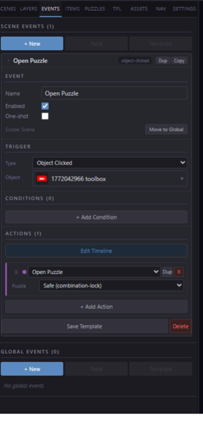 Event Panel showing Trigger, Conditions, and Actions sections