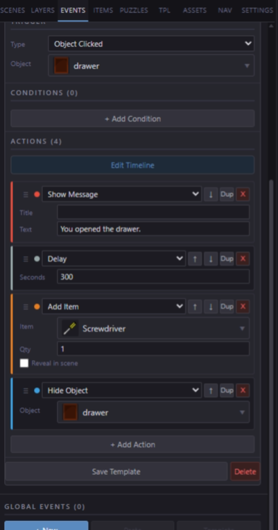 Action list with Show Dialogue, Wait, Add Item, and Hide Object rows