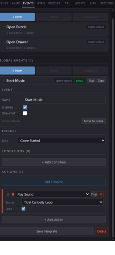Global Events dialog showing two events