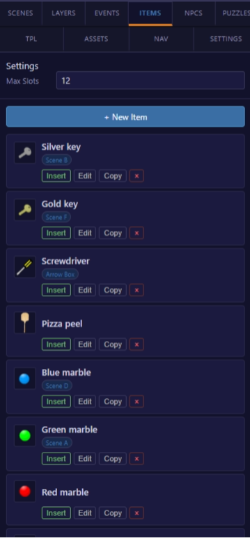 Inventory Panel showing three defined items with icons