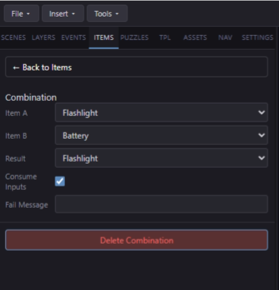 Item combination editor showing Bucket + Water = Full Bucket