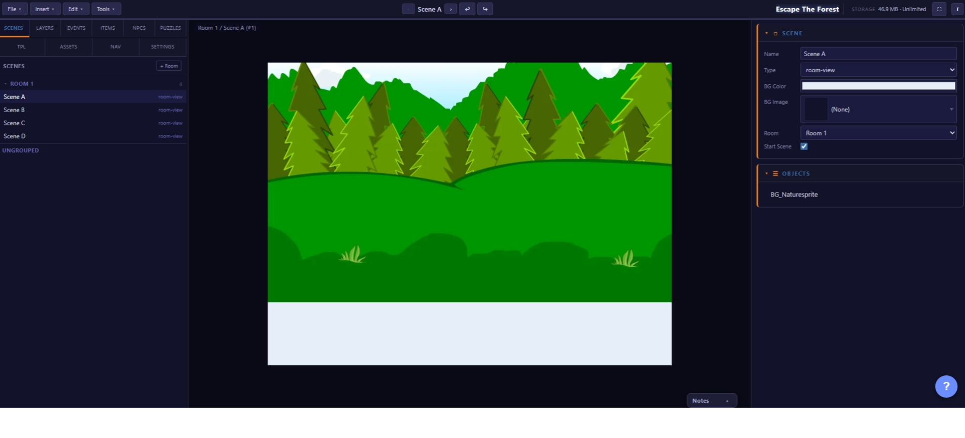 Full editor with all 5 regions labeled: toolbar, left panel, canvas, right panel, status bar