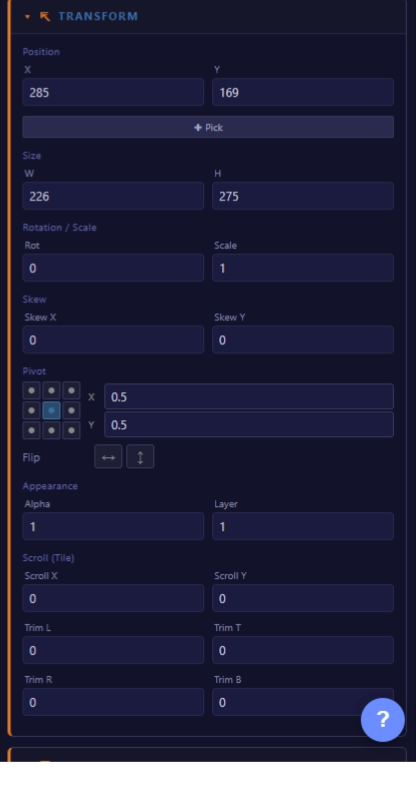Property Panel showing Object Name, Transform fields, Opacity slider, Filters section, and Interactive toggle