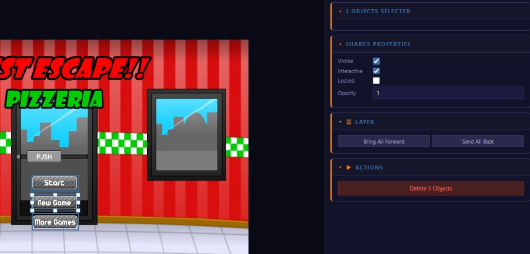 Canvas with 4 objects selected in blue outlines, Tools menu open showing alignment options