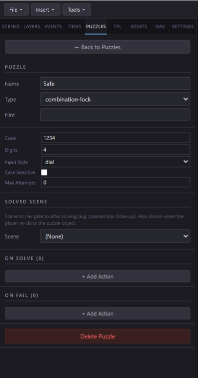 Puzzles tab showing SafeCode entry with Combination Lock badge and Add Puzzle button