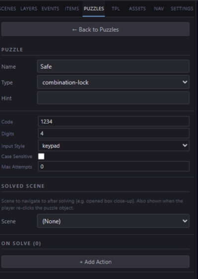 Combination Lock config: Dial style, 3 digits, solution 742, Reset on Wrong unchecked