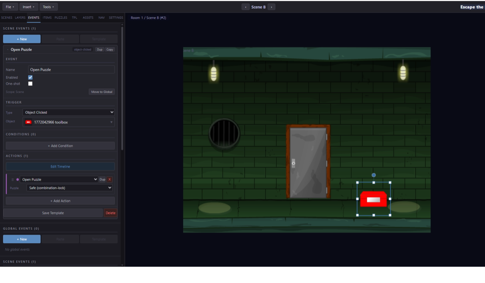 Event editor with Object Click safe trigger and Open Puzzle SafeCode action