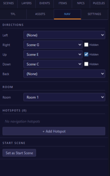 Navigation Panel for Kitchen Center with Left, Right, Up, Down, Back dropdowns configured