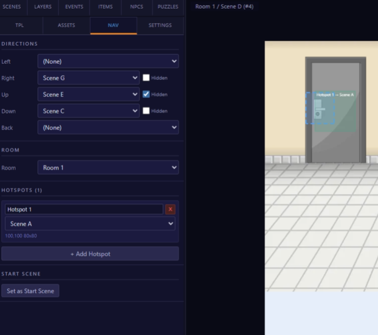 Navigation Panel Hotspots section with one entry targeting Hallway Main, dashed orange rectangle on canvas