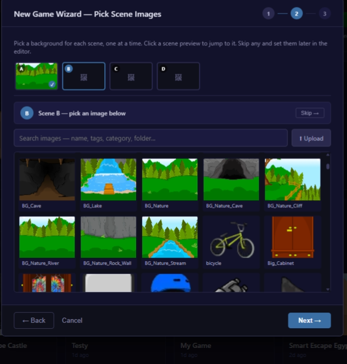 Wizard Step 2: scene list on the left, image library grid on the right