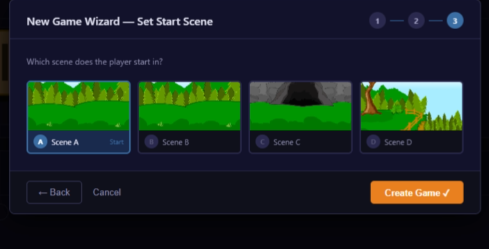 Wizard Step 3: scene card grid with one card selected as Start Scene