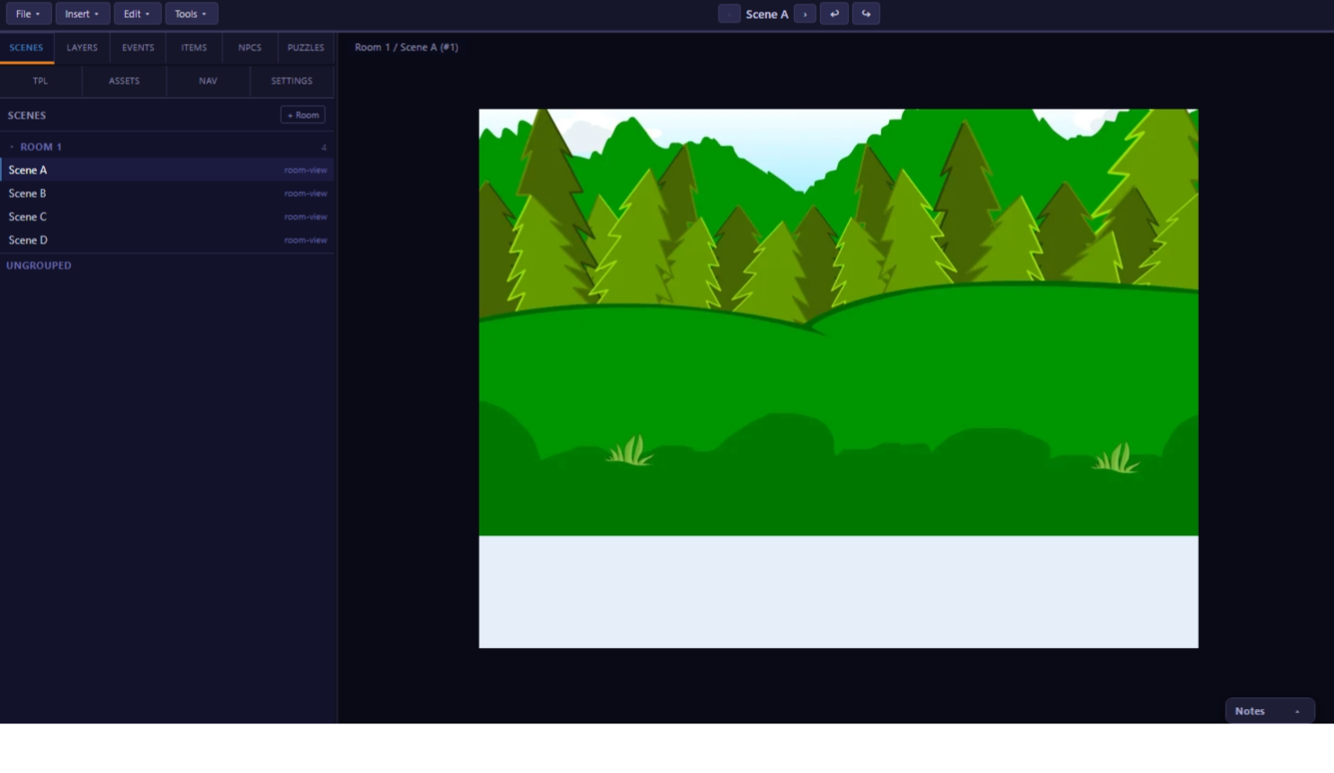Editor after wizard: start scene on canvas, Room Panel with scenes A-D, Scene Map with 4 unconnected nodes